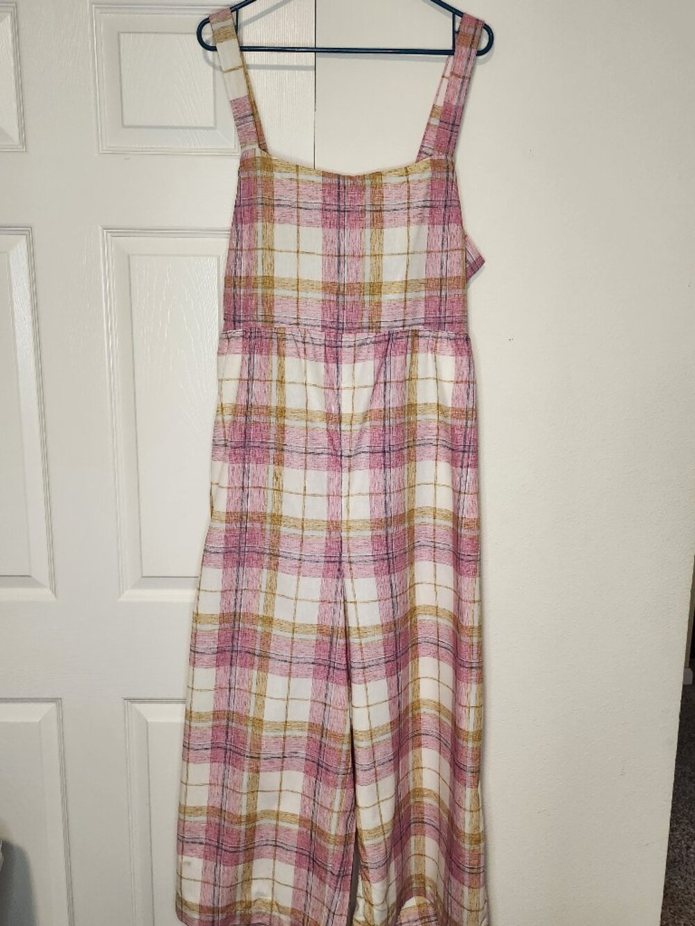 LOFT Beach Pink Plaid Wide Leg Jumpsuit Back Tie Sleeveless XXL